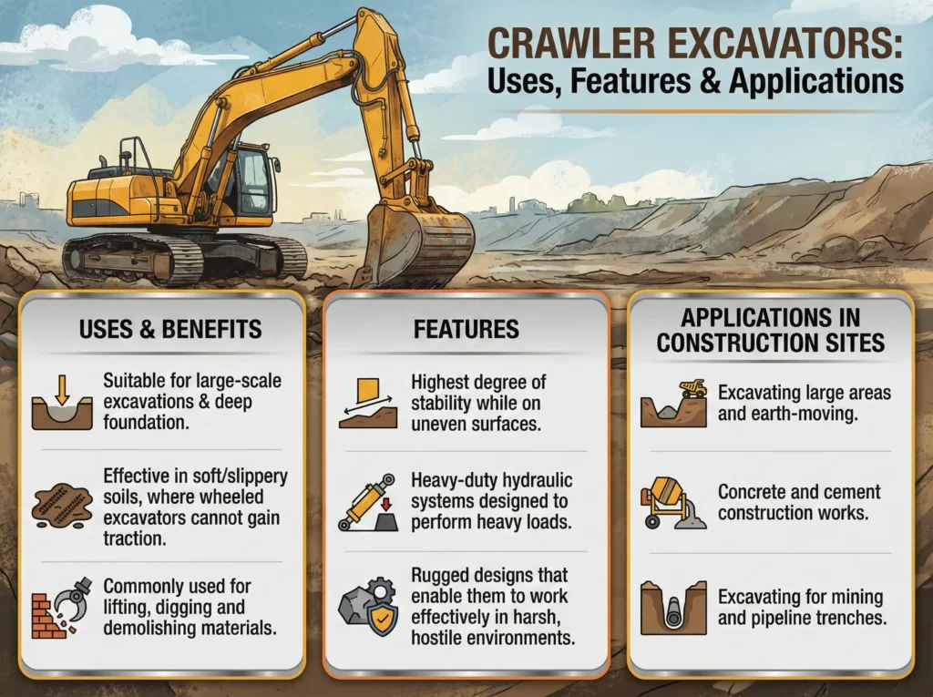 Types of Excavators Used in Construction Sites & Their Applications 1 Crawler Excavator Features, Benefits and Applications in Construction Sites