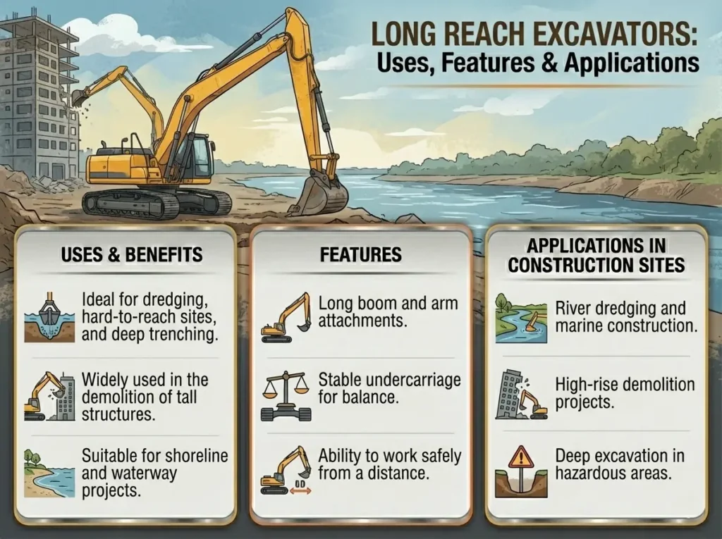 Types of Excavators Used in Construction Sites & Their Applications 4 Long Reach Excavator Features, Benefits and Applications in Construction Sites
