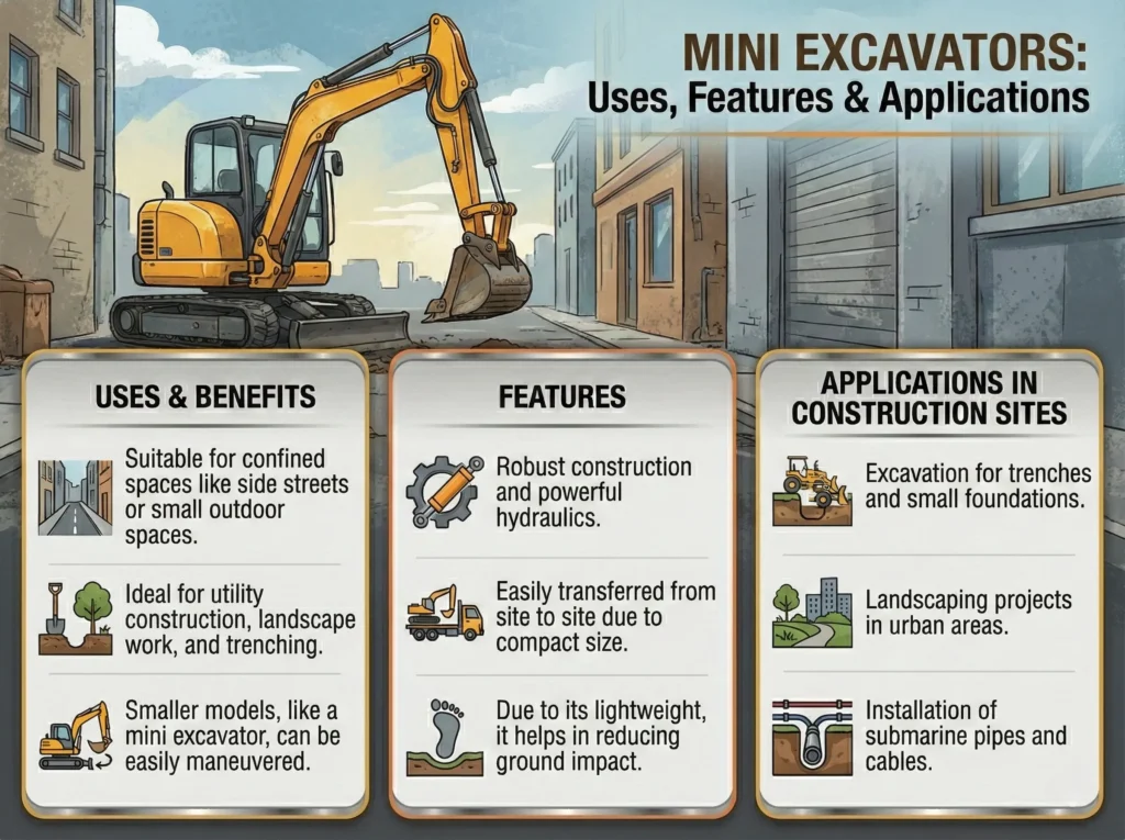 Types of Excavators Used in Construction Sites & Their Applications 3 Mini Excavators Features, Benefits and Applications in Construction Sites