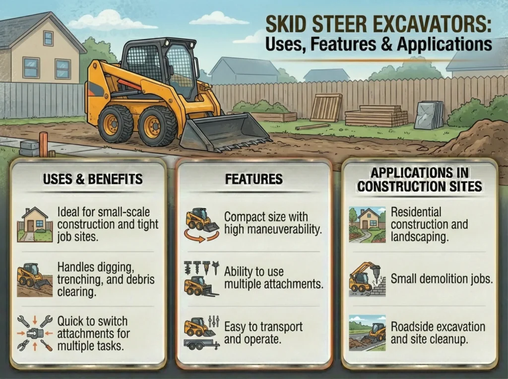 Types of Excavators Used in Construction Sites & Their Applications 7 Skid Steer Excavator Features, Benefits and Applications in Construction Sites