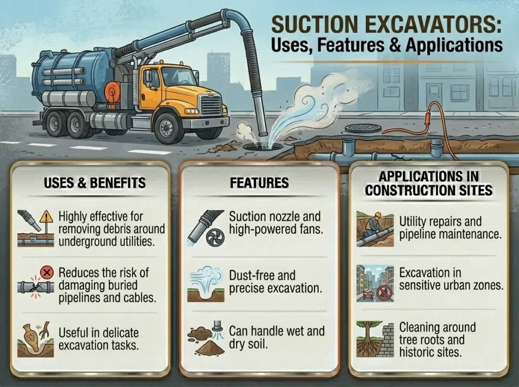 Types of Excavators Used in Construction Sites & Their Applications 6 Suction Excavator Features, Benefits and Applications in Construction Sites
