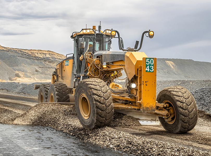 Motor grader working at road construction site.