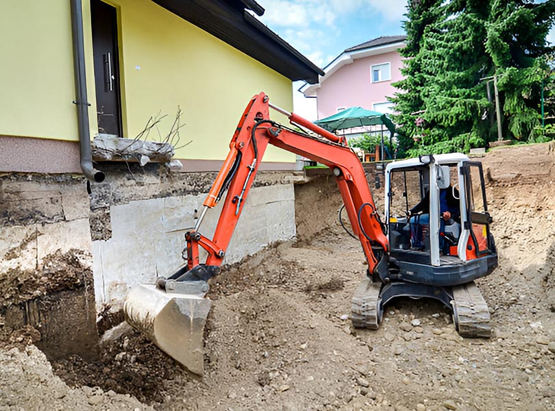 small excavator working at tight space construction site