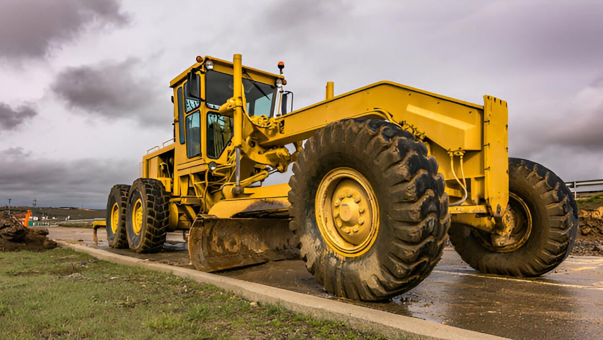 desi machines large motor grader parked on road