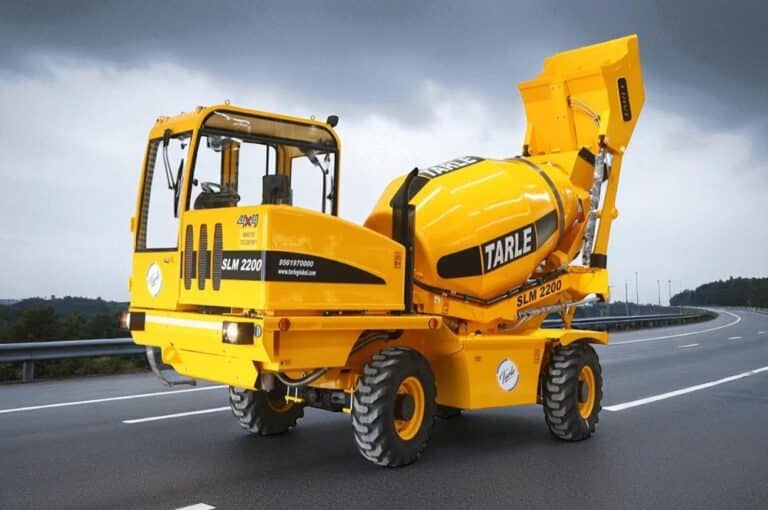 Tarle SLM 2200 self-loading concrete mixer, a small site mixer of the size used to mix concrete for a house staircase