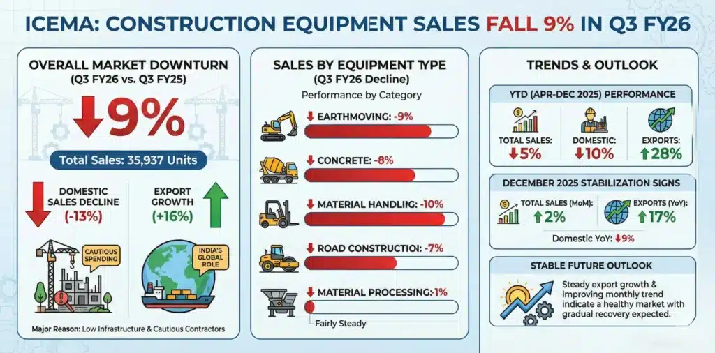 Construction Equipment Sales Fall 9% in Q3 FY26: ICEMA 1 ICEMA Construction Equipment Sales