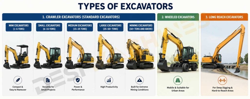 Types of Excavators: Mini, Crawler, Wheeled & Long Reach
