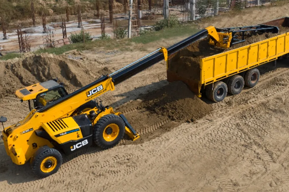 JCB 530-110 telehandler with the boom raised, one of the machines publishing a 9.2 second lift time