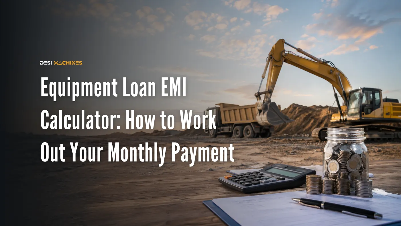 Construction equipment loan EMI calculator with excavator, dump truck, calculator and savings jar