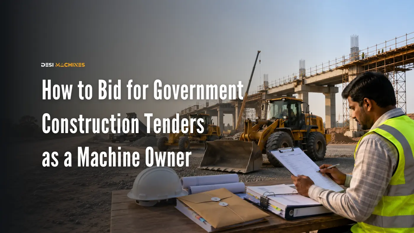 Construction professional reviewing tender documents at a project site with heavy equipment in the background, representing government construction tender bidding in India.