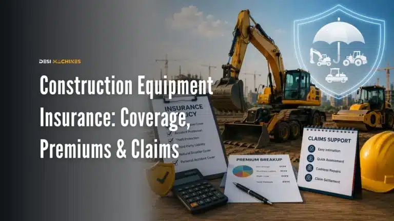 Construction equipment with insurance policy documents, premium chart, and claims support materials.