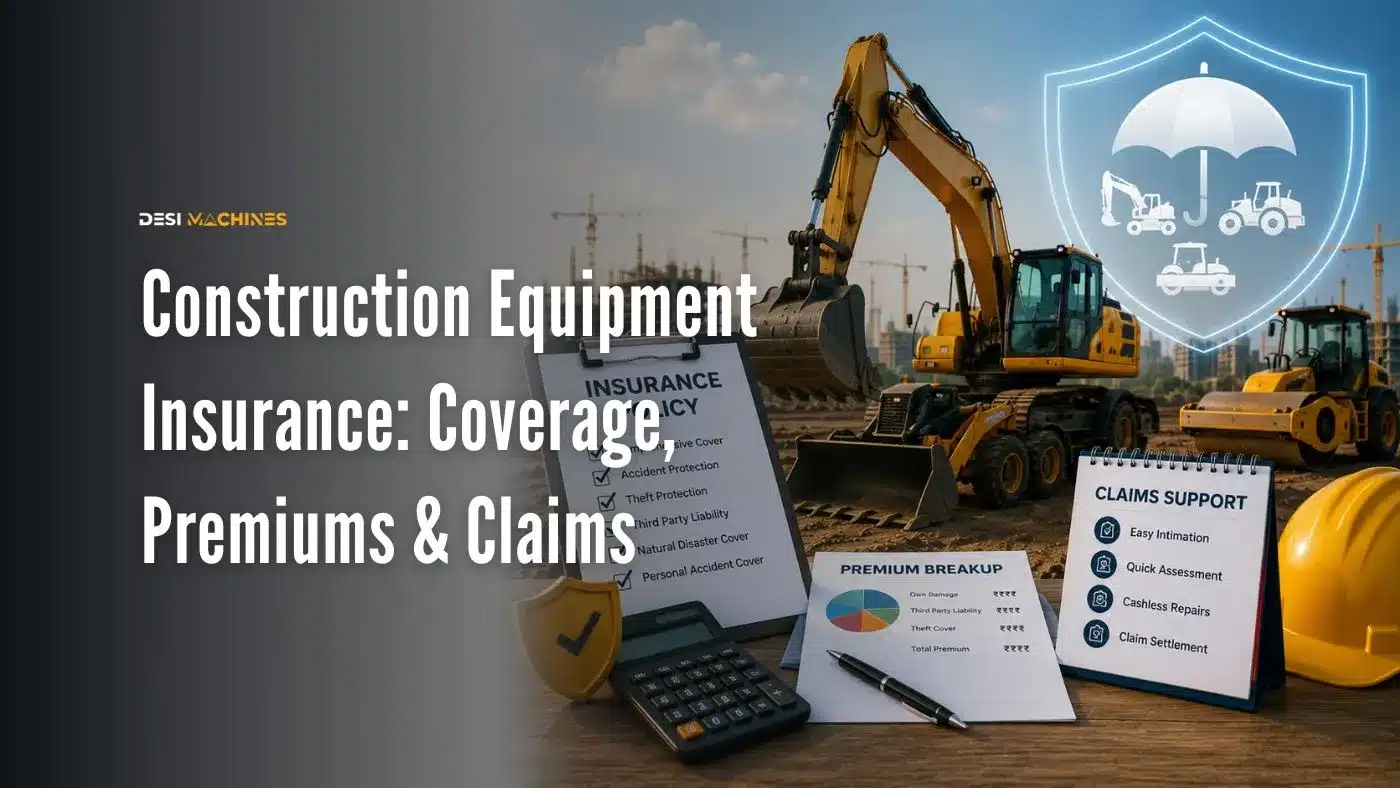 Construction equipment with insurance policy documents, premium chart, and claims support materials.