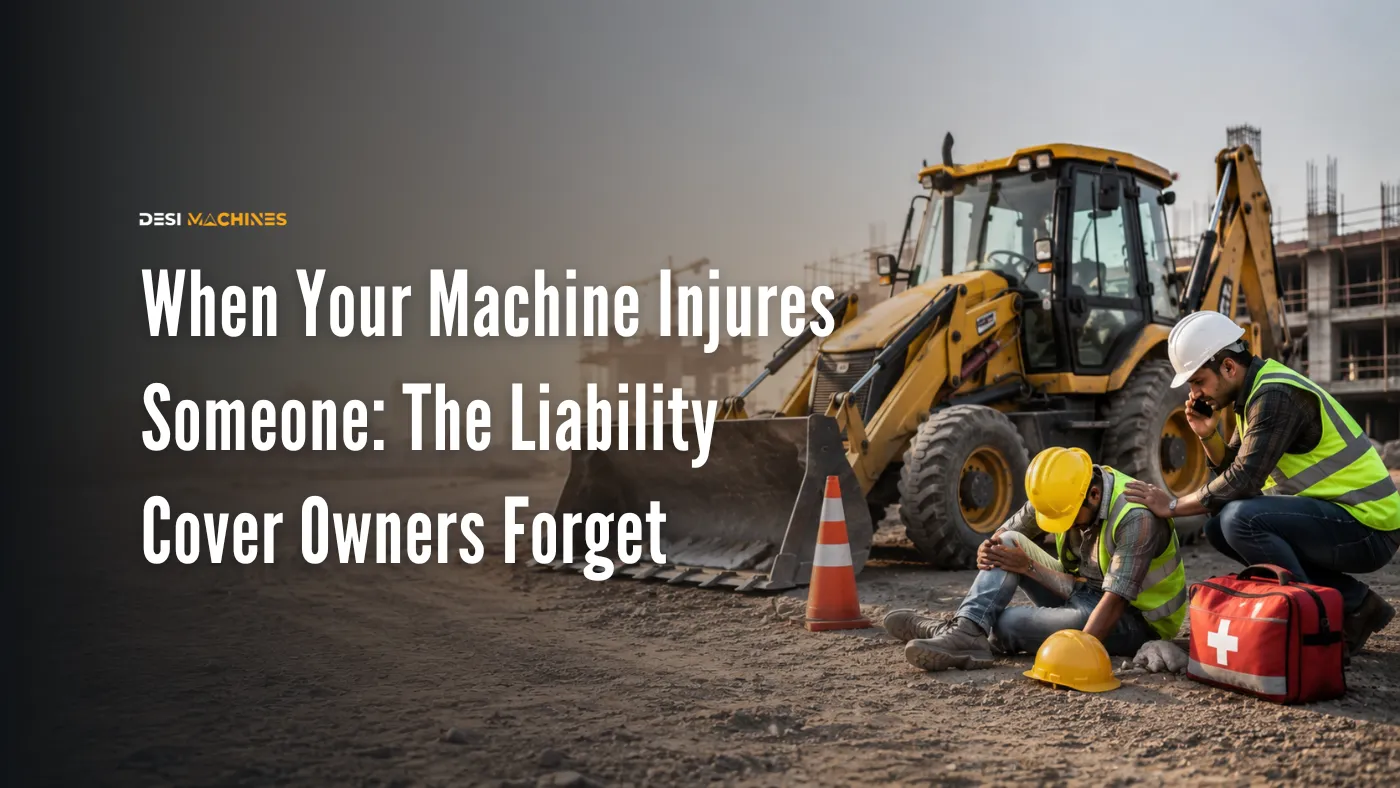 Construction worker injured near backhoe loader highlighting liability insurance