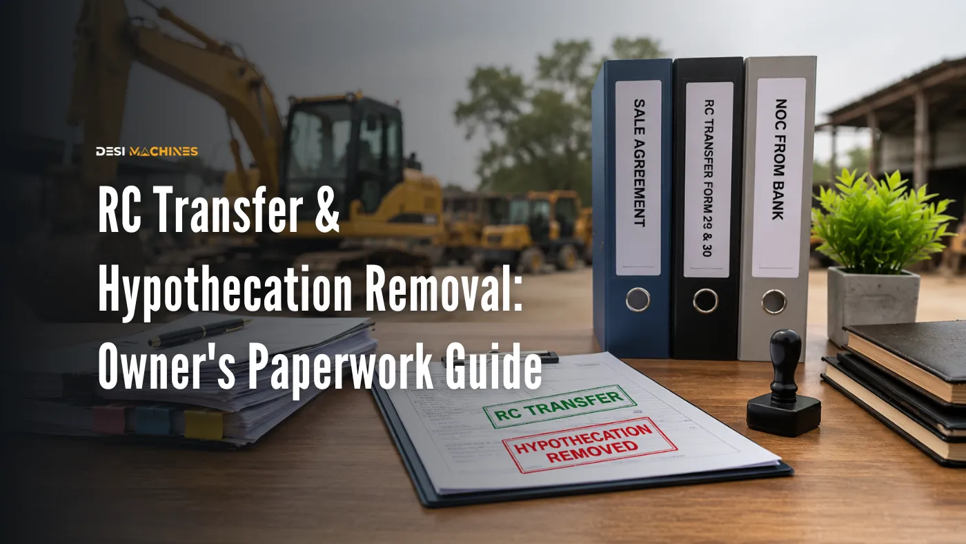 RC transfer and hypothecation removal paperwork for a used construction machine