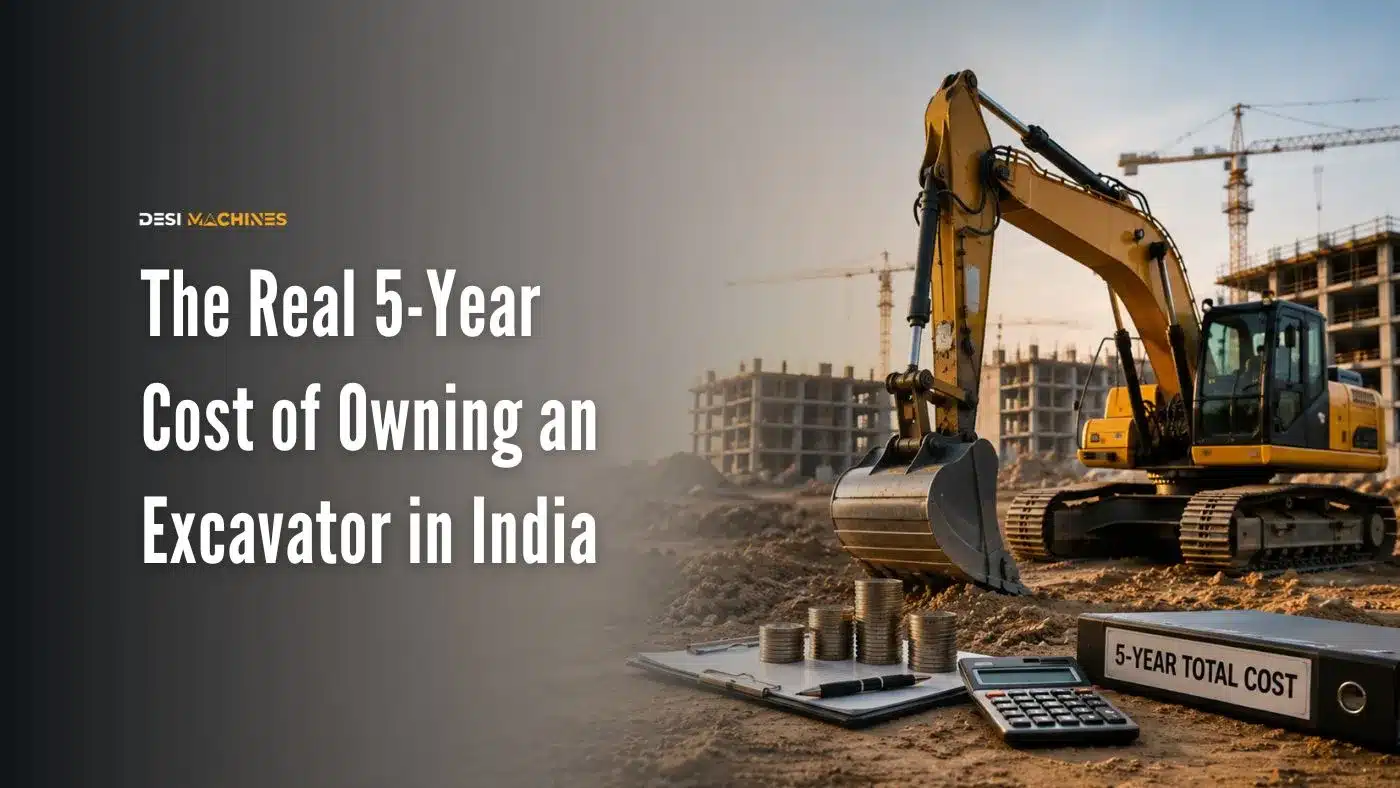 Excavator at a construction site with calculator and financial documents showing long-term ownership costs.