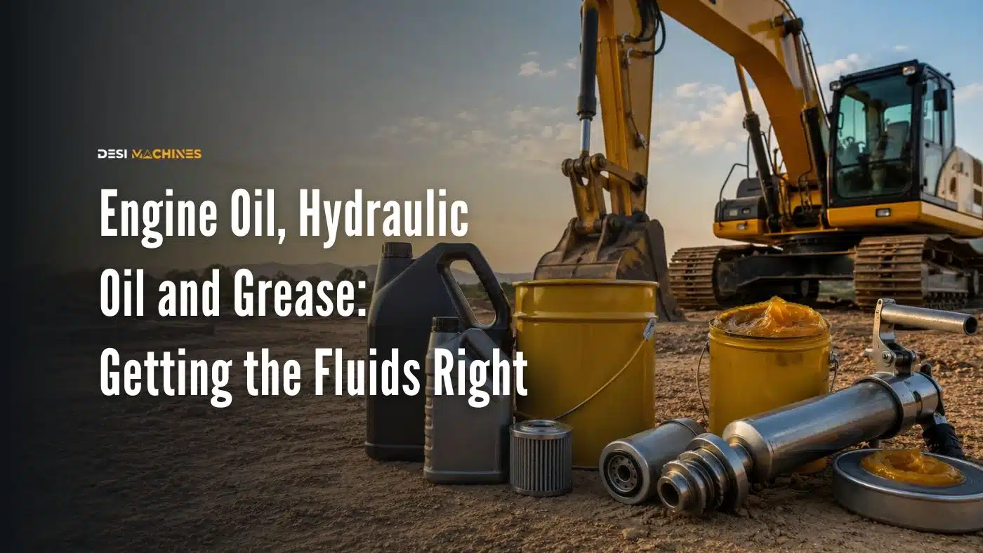 Excavator at a construction site with engine oil, hydraulic oil, grease, filters, and lubrication components.