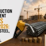 Construction Equipment Costs July 2026: Diesel, Steel, EMI 5 Construction equipment costs in July 2026 showing diesel fuel, steel bars, calculator, and EMI finance concept.