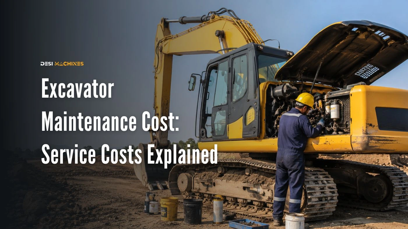 Excavator being serviced with engine compartment open at a construction site.