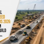 National High-Speed Corridors 2026: 5,580 km Under Build 2 Aerial view of a national high-speed corridor under construction with highway paving equipment, cranes, excavators, and multiple earthmoving machines working across the project.