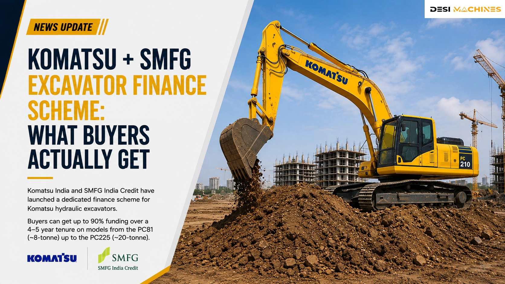 Komatsu hydraulic excavator working at a site, illustrating the Komatsu–SMFG excavator finance scheme