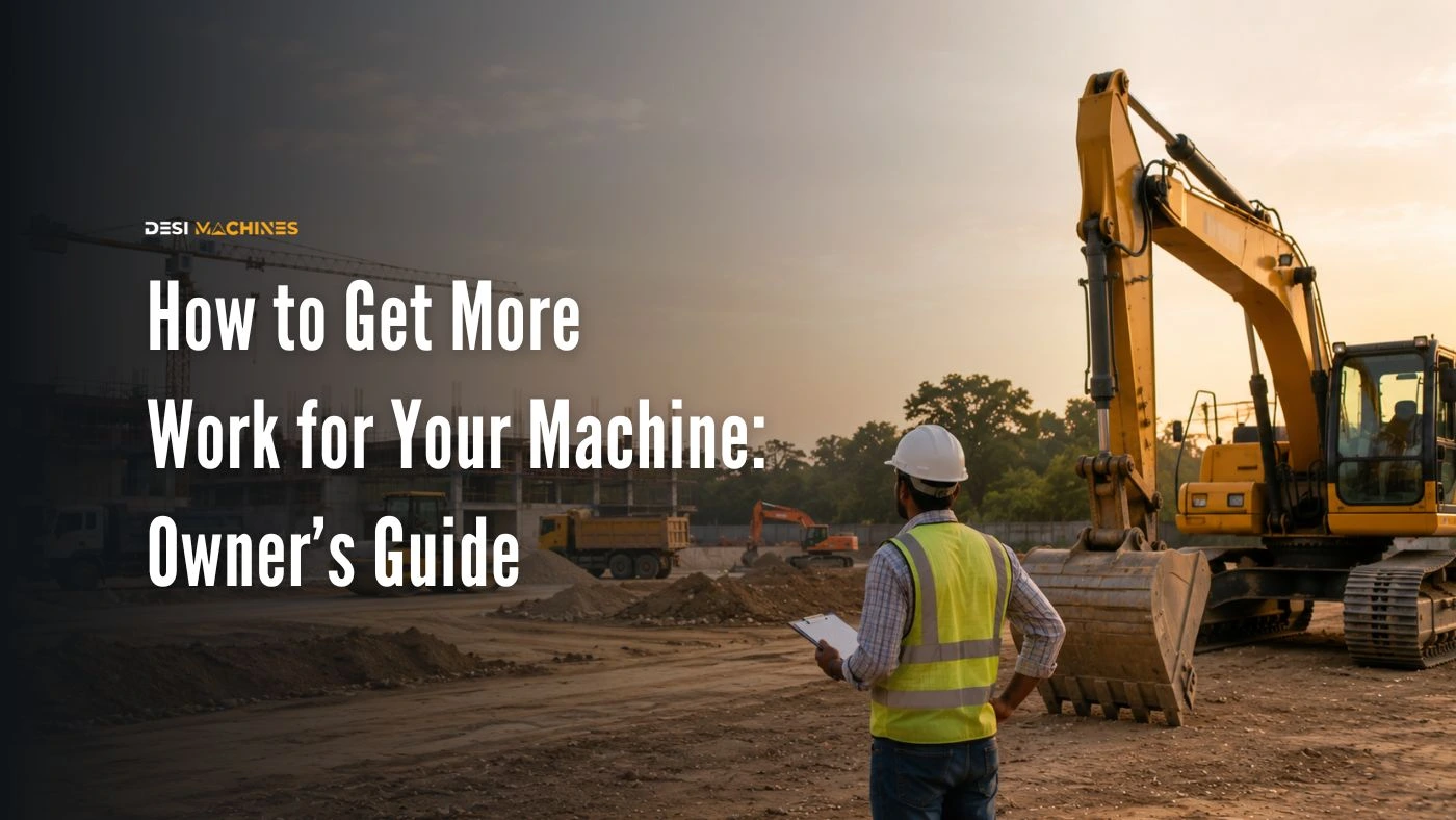 Construction equipment owner inspecting an excavator at an active construction site while planning new machine rental and project opportunities.