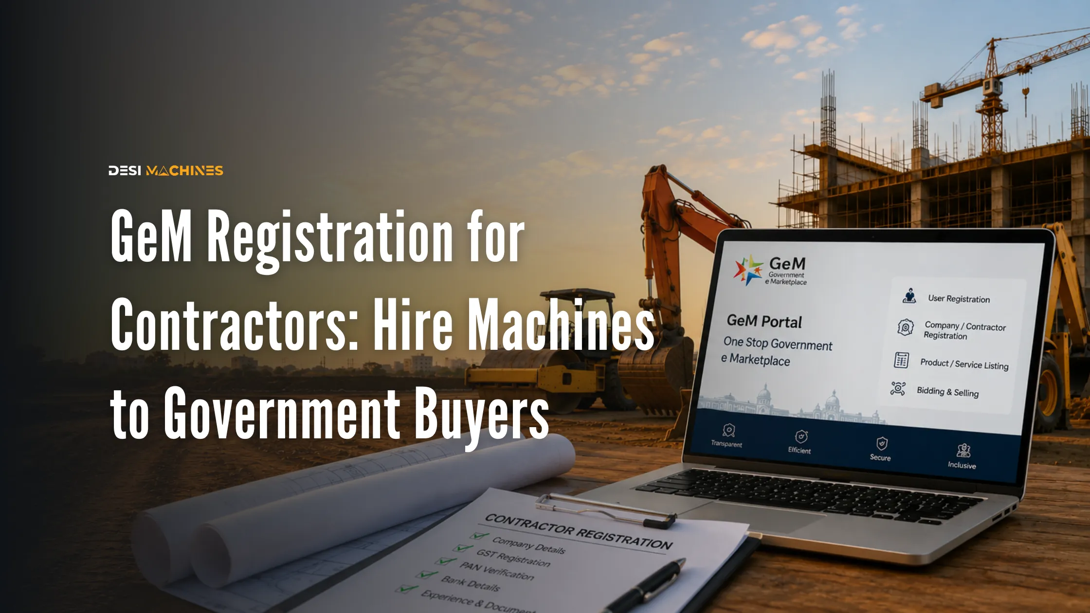 Laptop displaying the GeM Portal registration page with construction equipment at a project site for contractor registration.