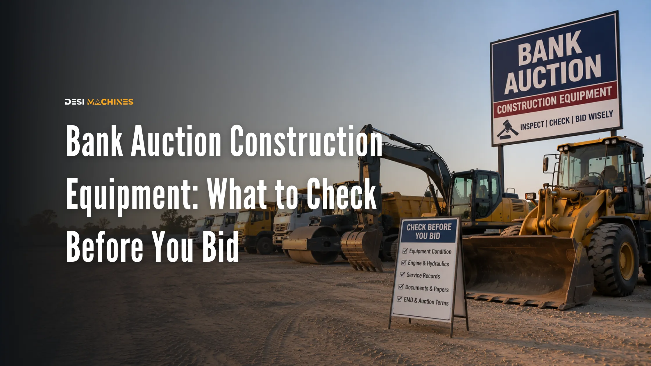 Construction equipment displayed for a bank auction with an excavator, roller and wheel loader.