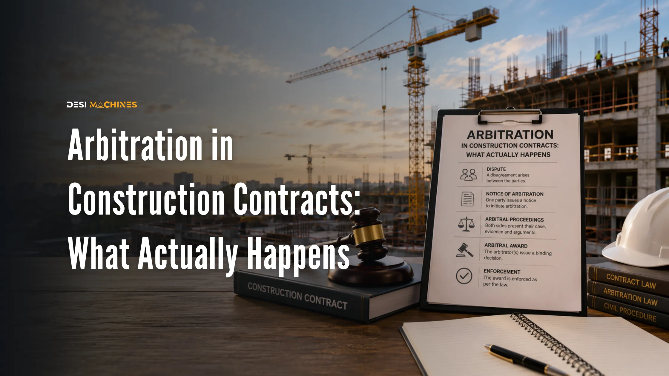 Construction contract dispute proceeding through arbitration with legal documents and gavel