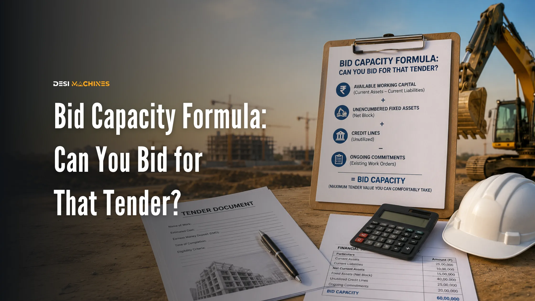 Contractor calculating tender bid capacity using project and financial figures