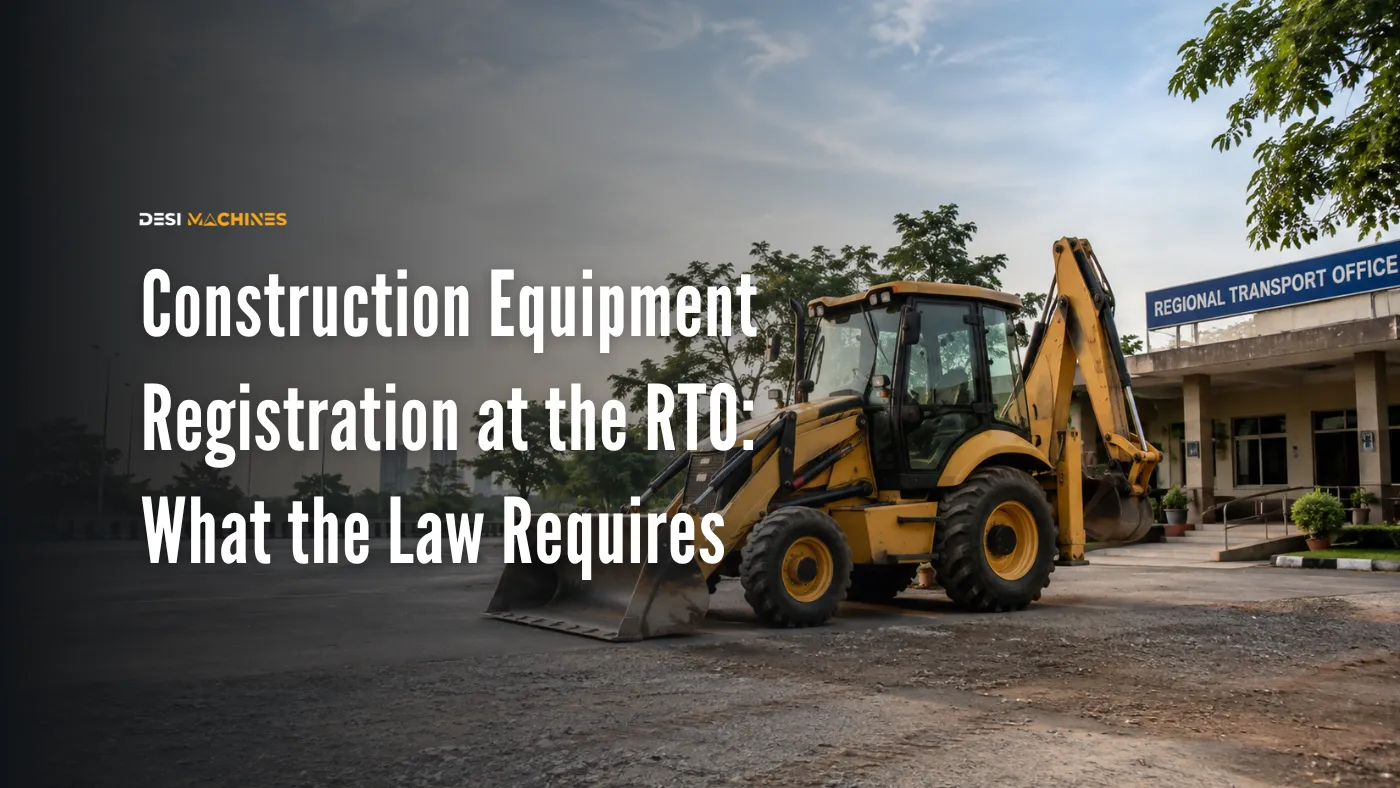 Backhoe loader parked outside a Regional Transport Office in India