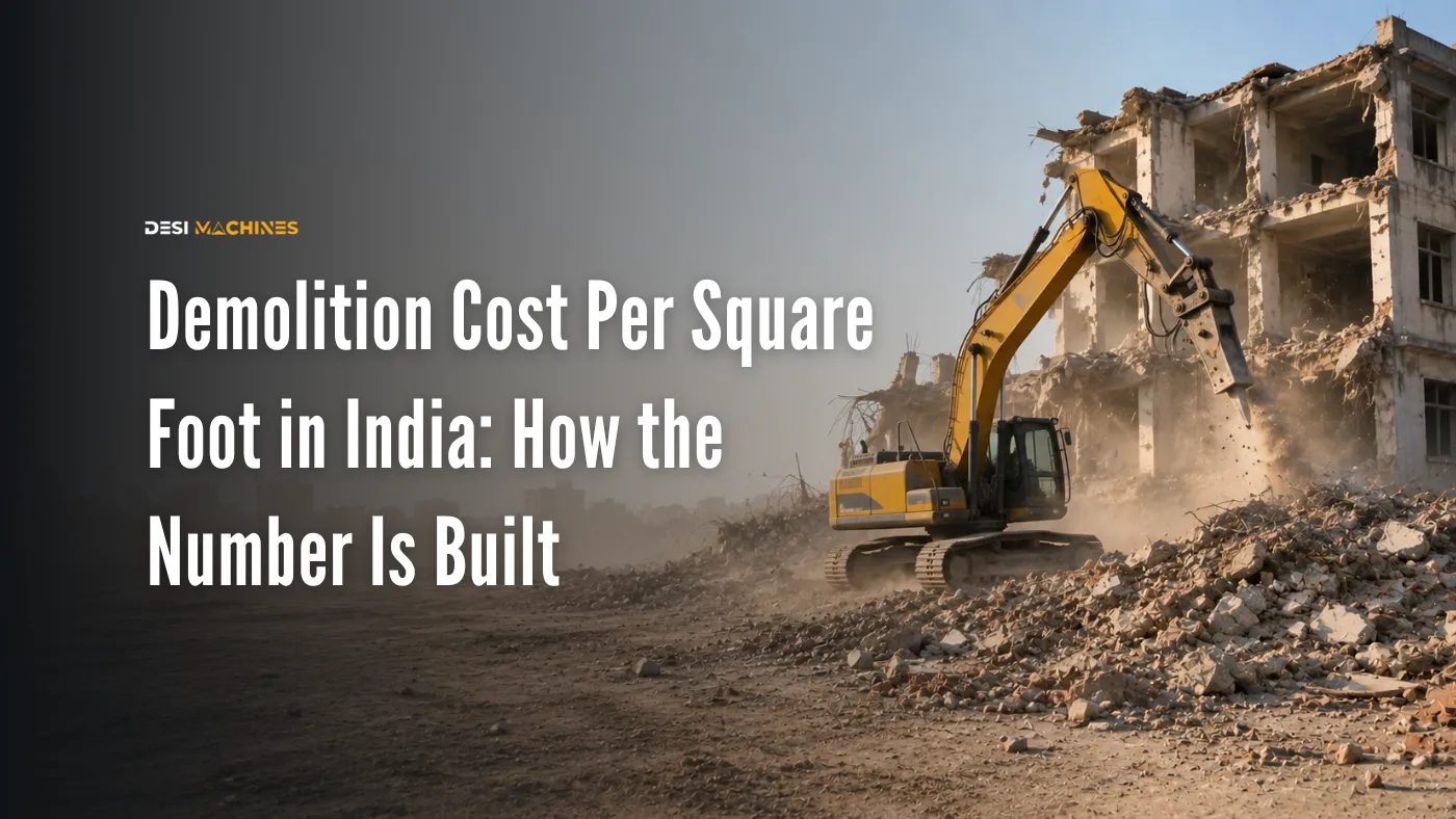 Excavator breaking down a building during demolition work in India