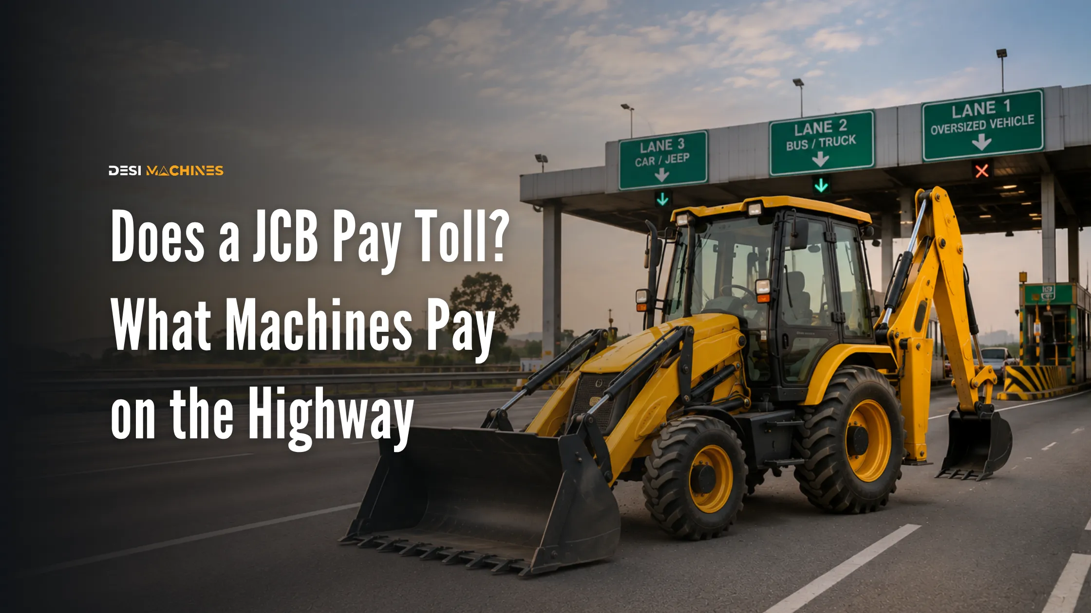 JCB backhoe loader approaching a highway toll plaza