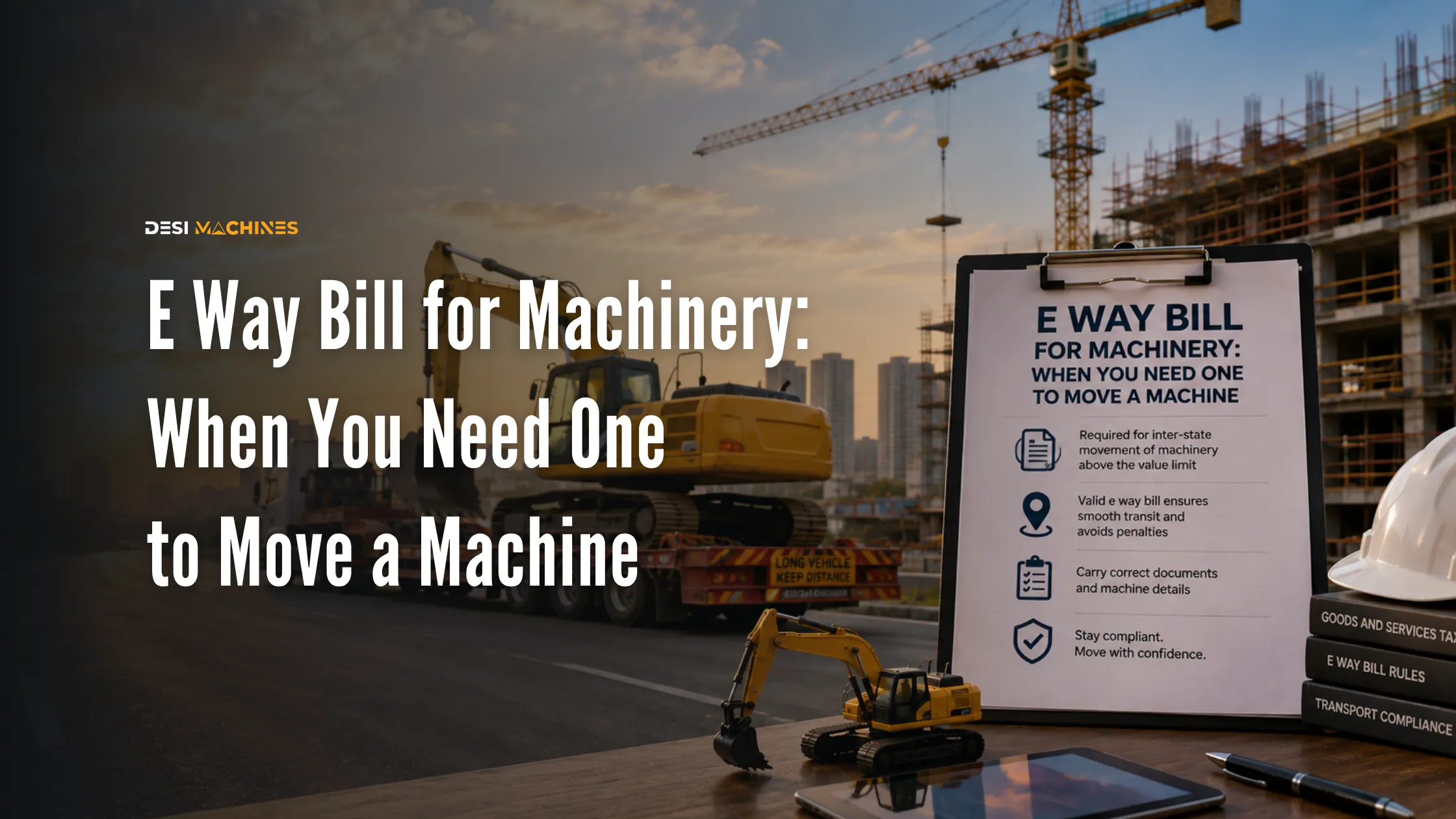 onstruction excavator being transported on a trailer with e-way bill documents