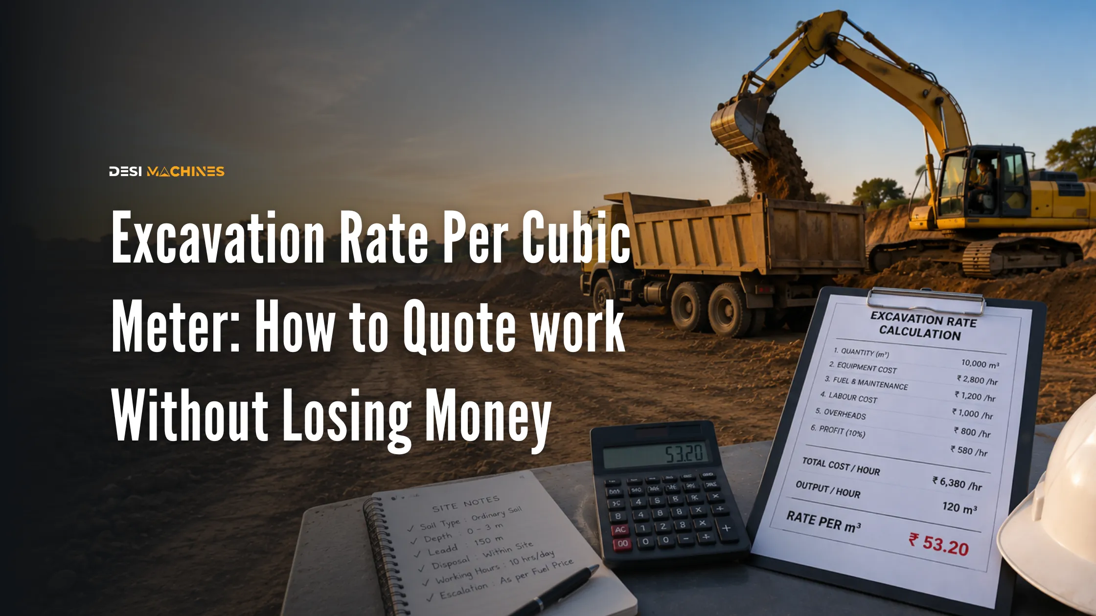 Excavator loading soil into a tipper with an excavation rate calculation sheet showing cost per cubic meter.