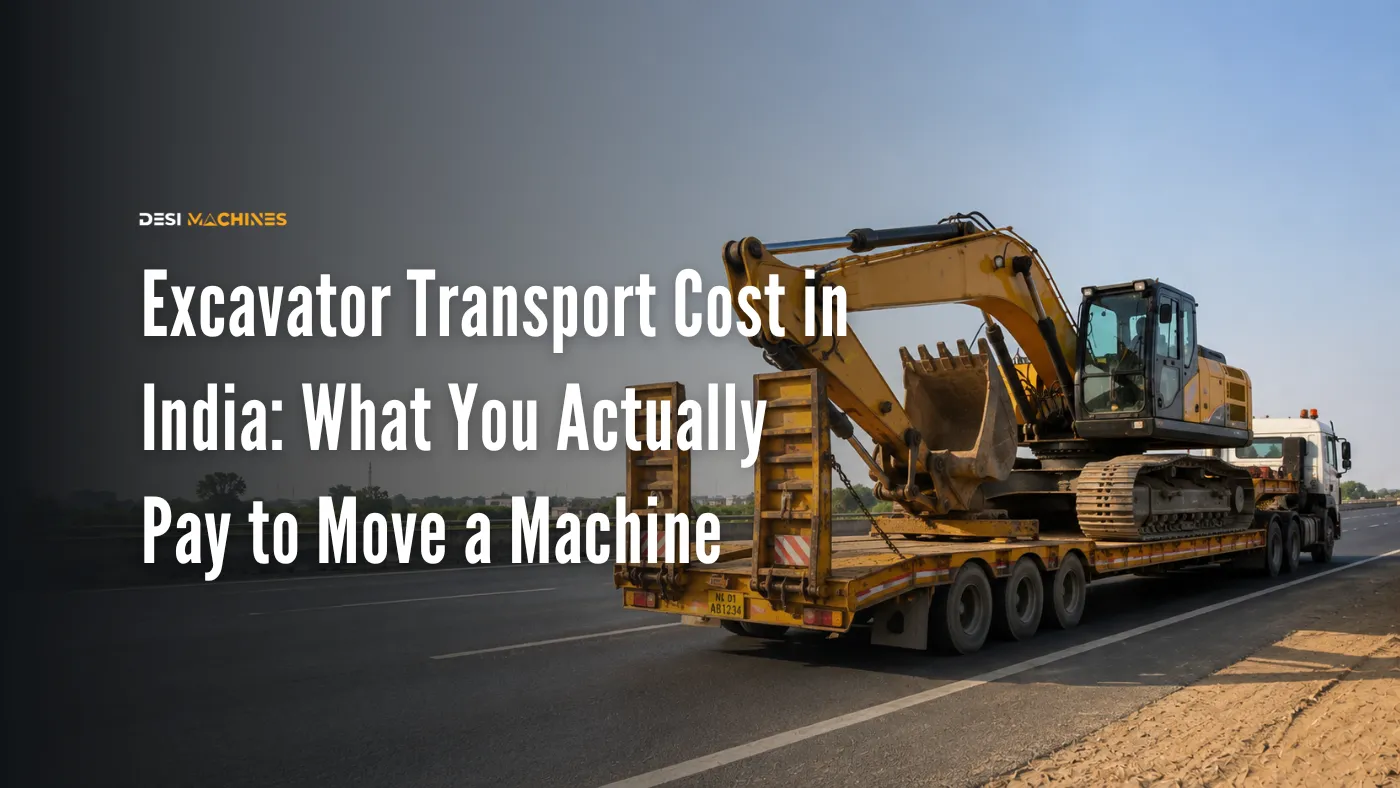Excavator transported on a heavy-duty trailer on an Indian highway