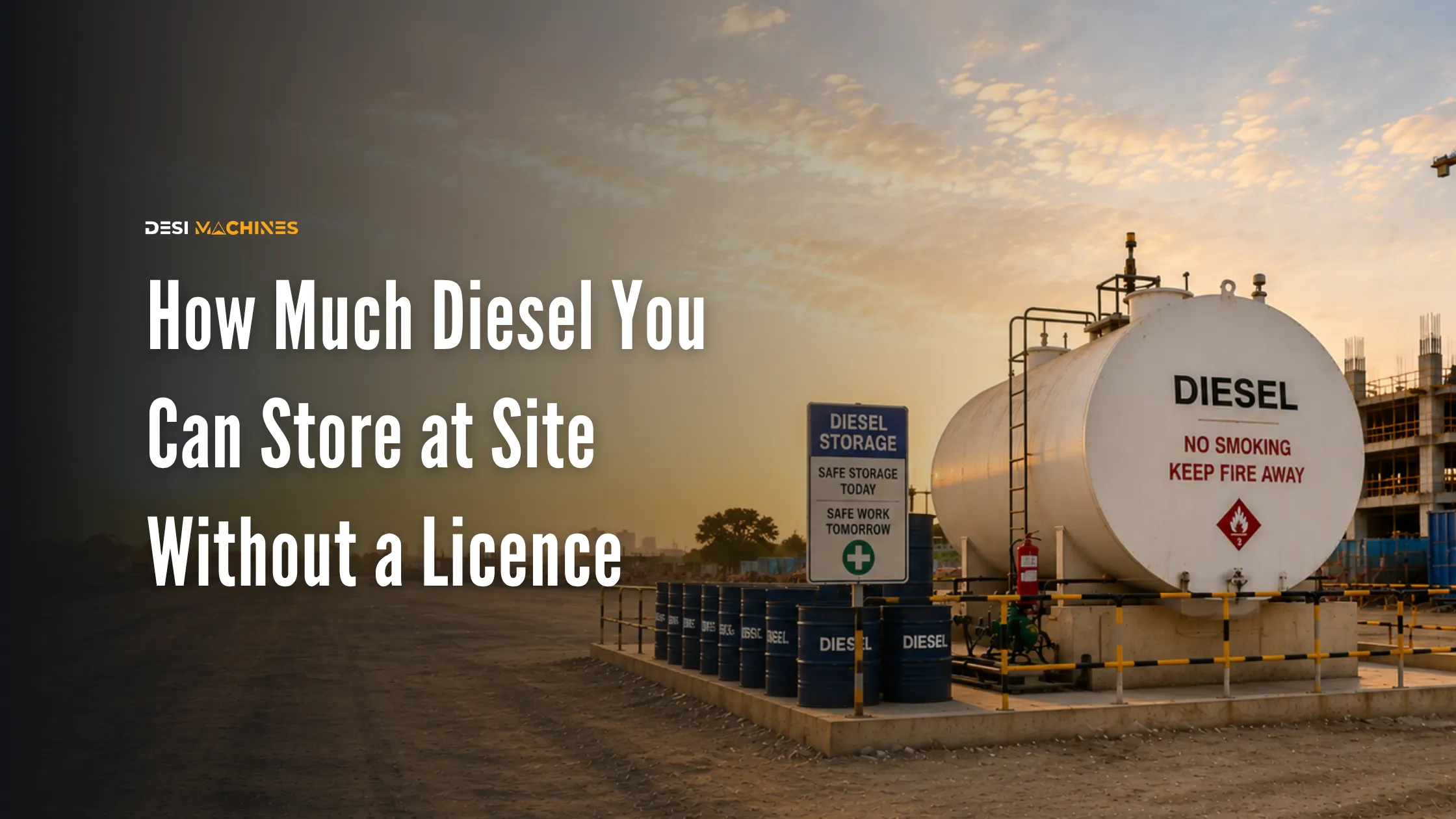 Diesel storage tank and fuel drums at a construction site