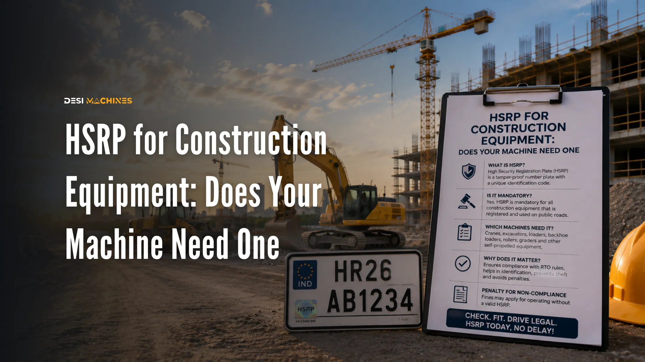 Construction excavator beside a high-security registration plate and compliance documents
