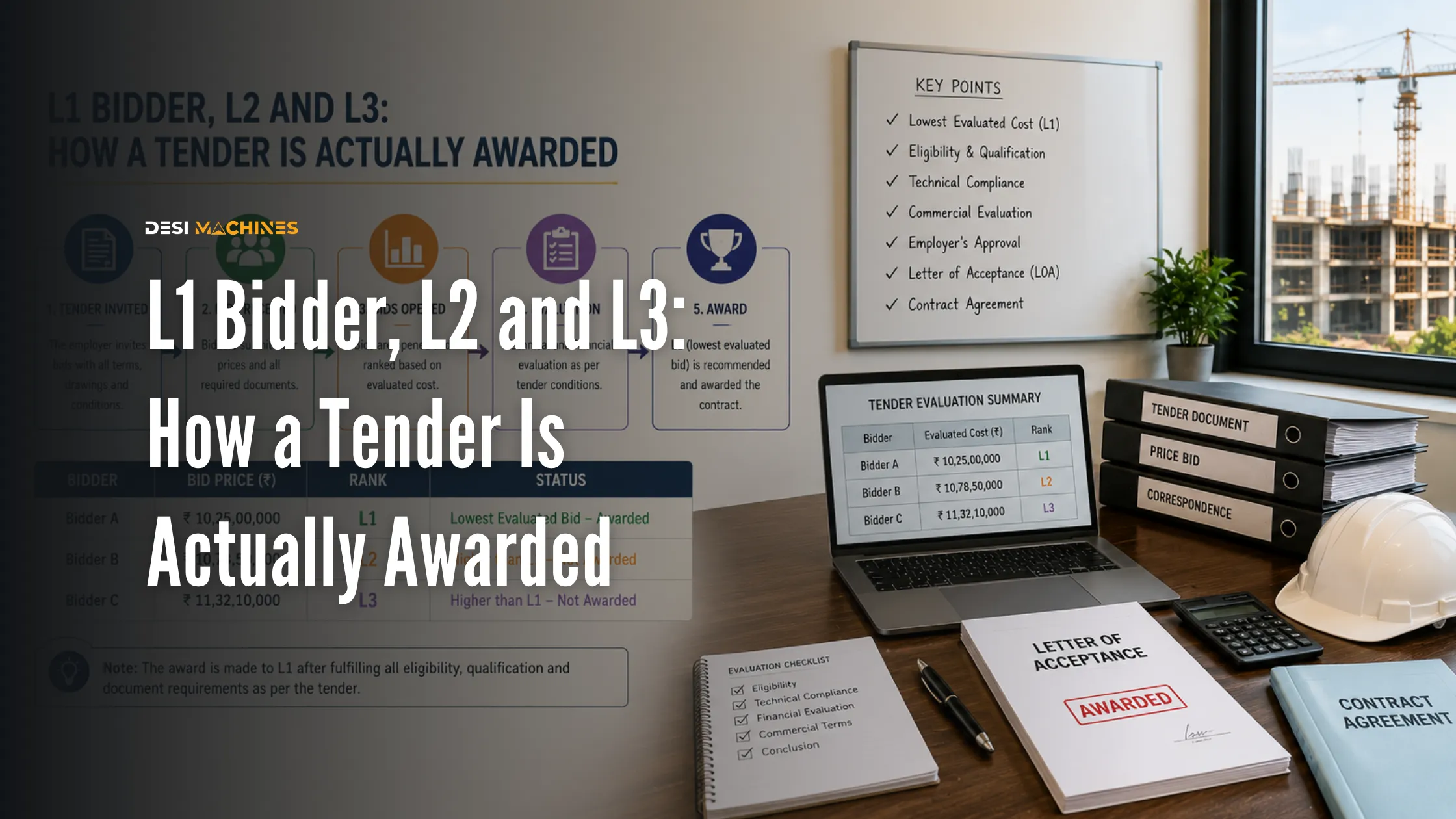 Tender evaluation showing L1, L2 and L3 bidders and award process