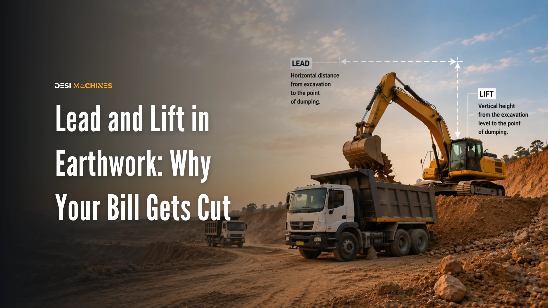 Excavator loading soil into a tipper with lead and lift measurements shown