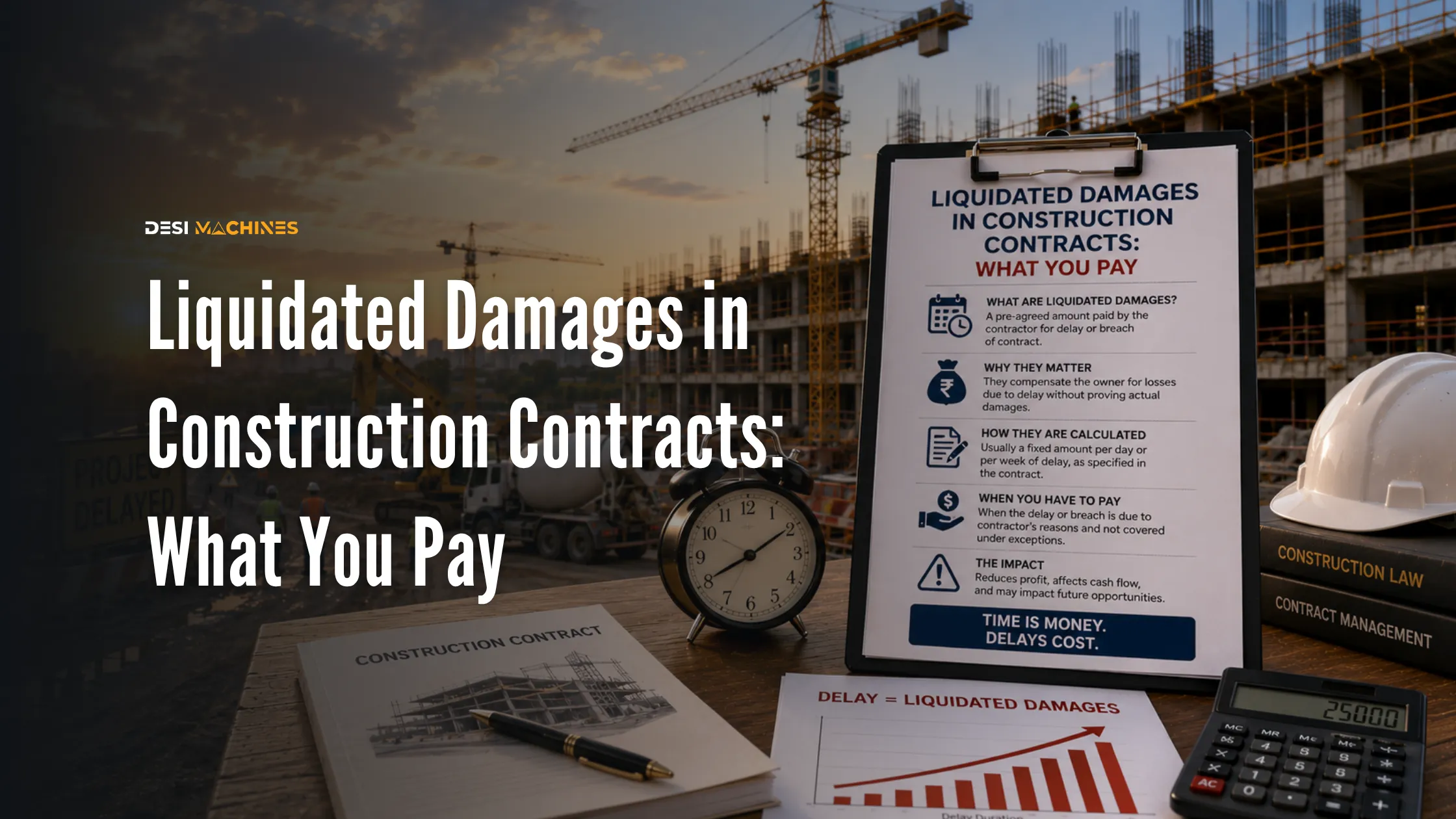 Construction site showing liquidated damages, contract documents and delay costs