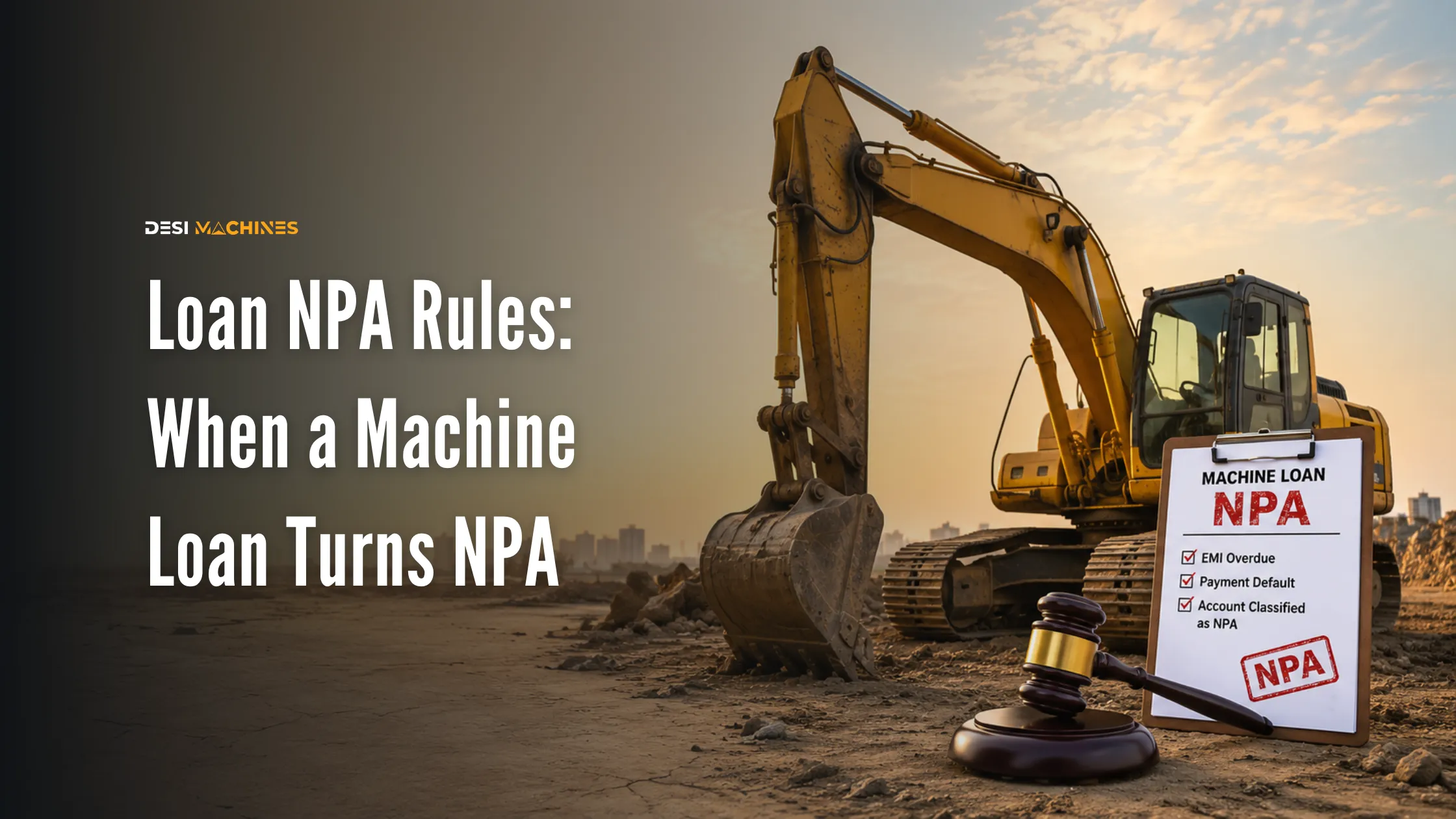 Excavator with a machine loan NPA notice showing overdue EMI and payment default