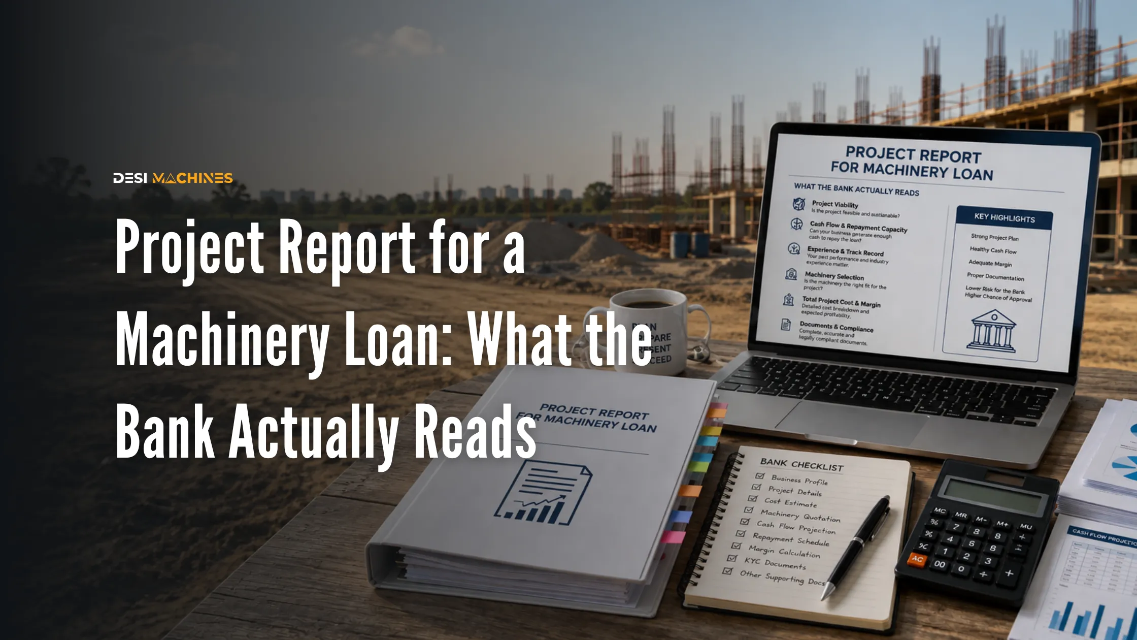 Project report for a machinery loan with financial documents, cash flow calculations and construction equipment.