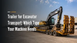 Excavator loaded on a heavy-duty trailer for transport