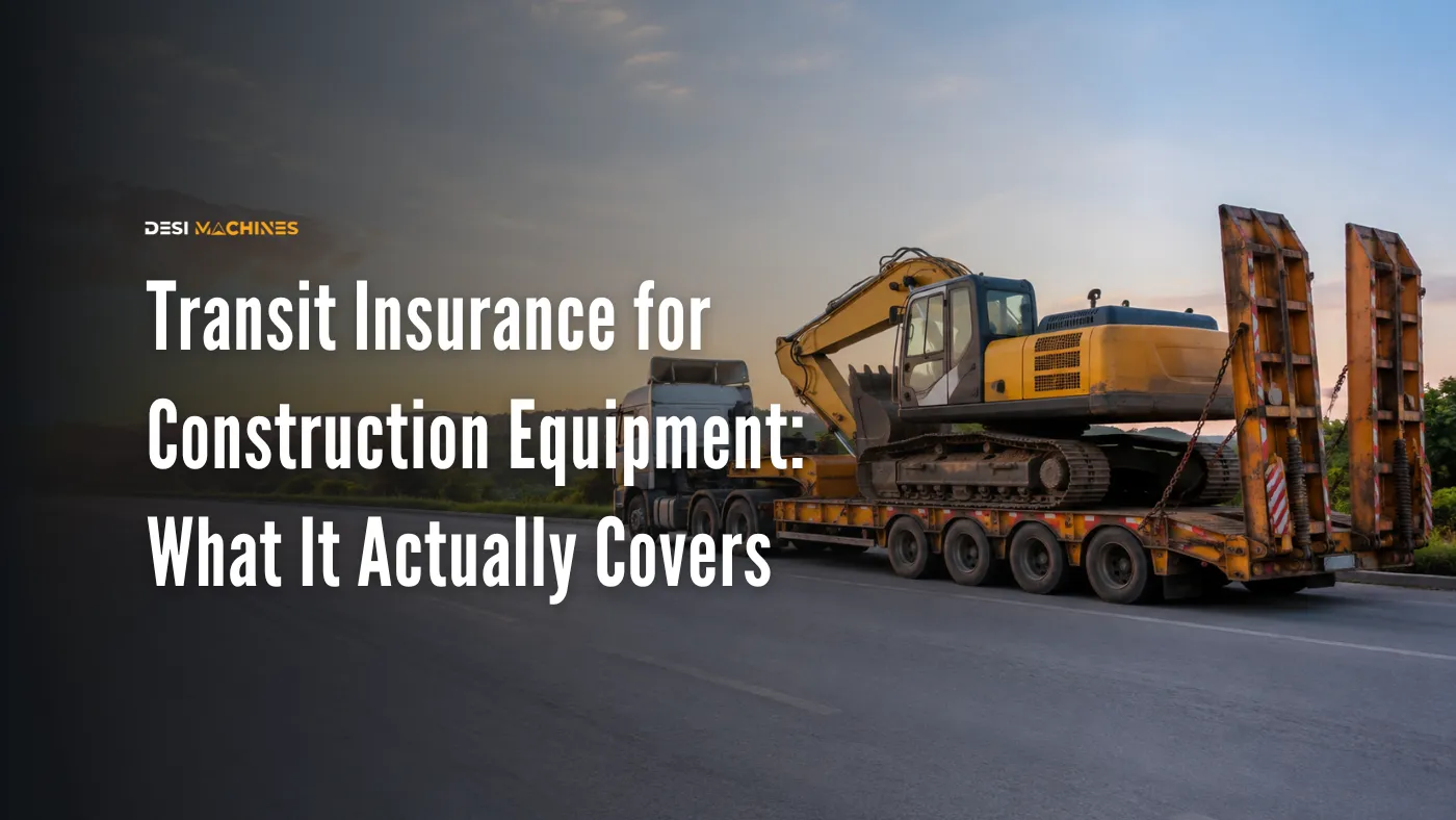 Excavator secured on a trailer during road transportation with transit insurance protection