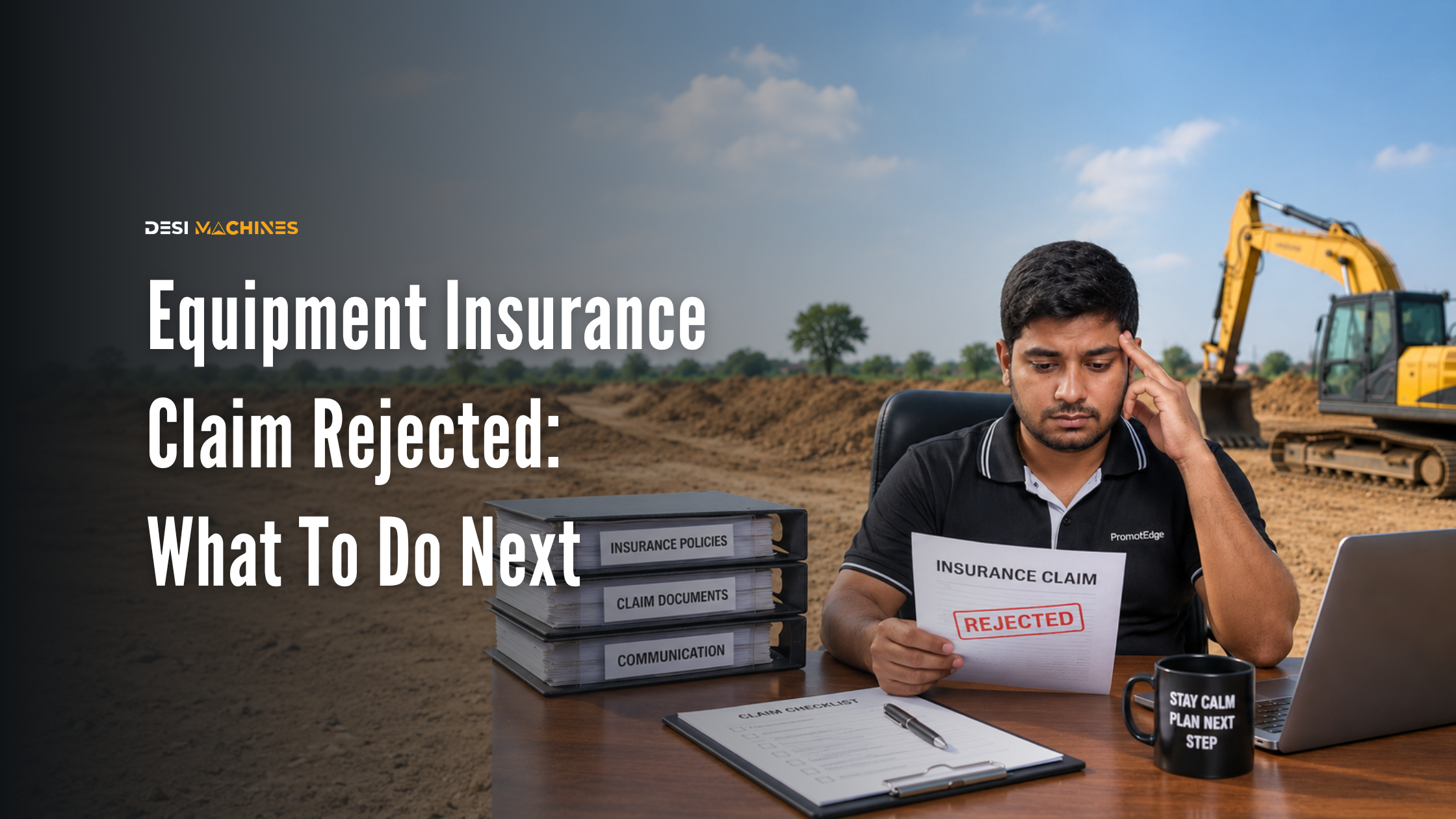 Equipment insurance claim rejected and construction equipment owner reviewing claim documents