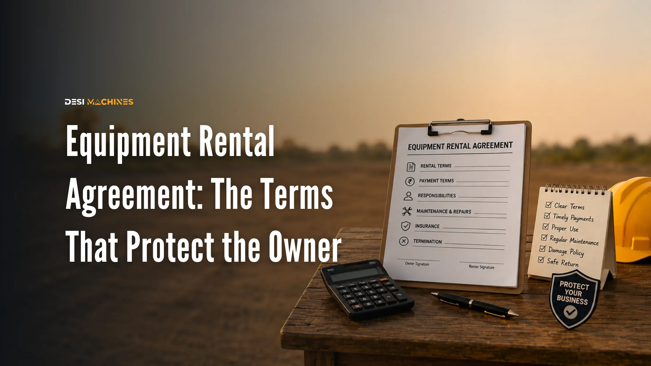 Construction equipment rental agreement document showing essential contract terms.