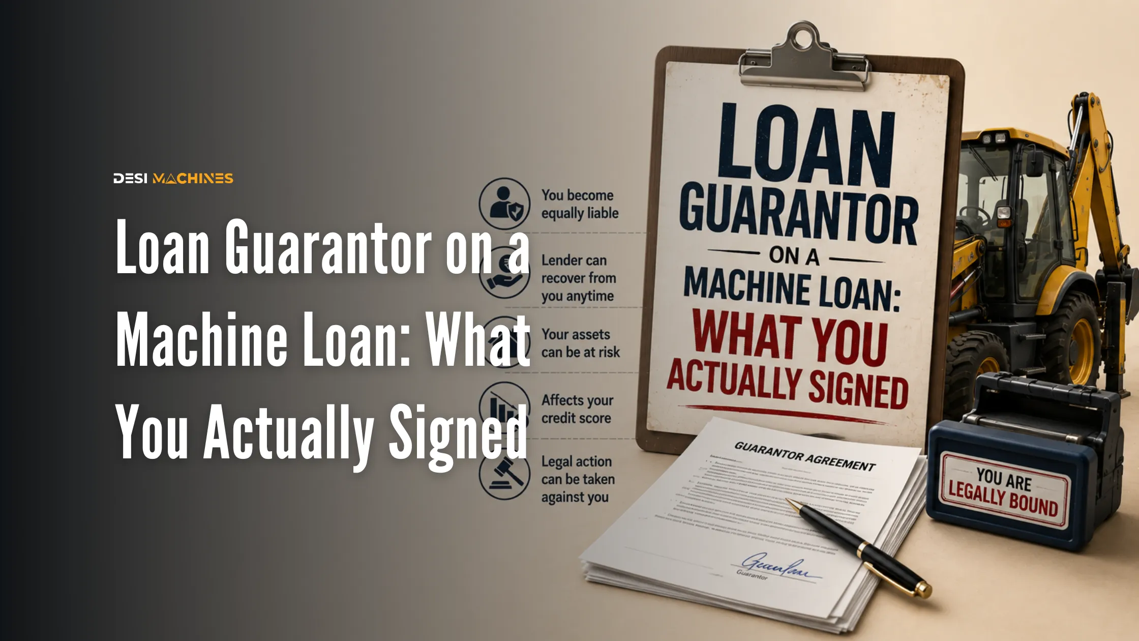 Loan guarantor signing a machine loan agreement with a construction machine in the background
