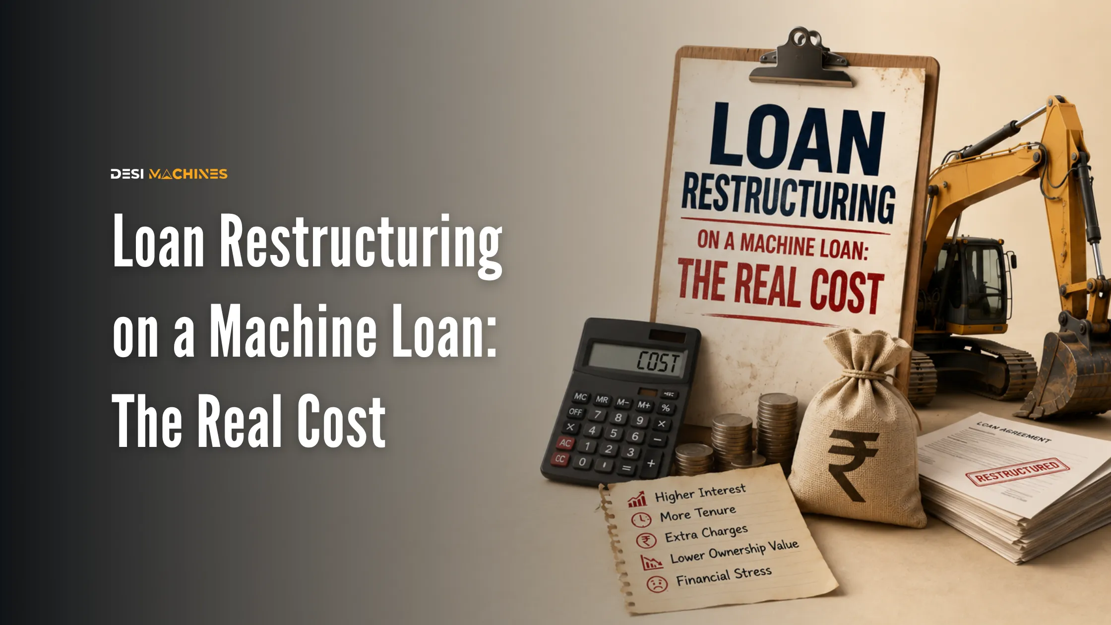 Loan restructuring documents, calculator and construction excavator illustrating the cost of restructuring a machine loan