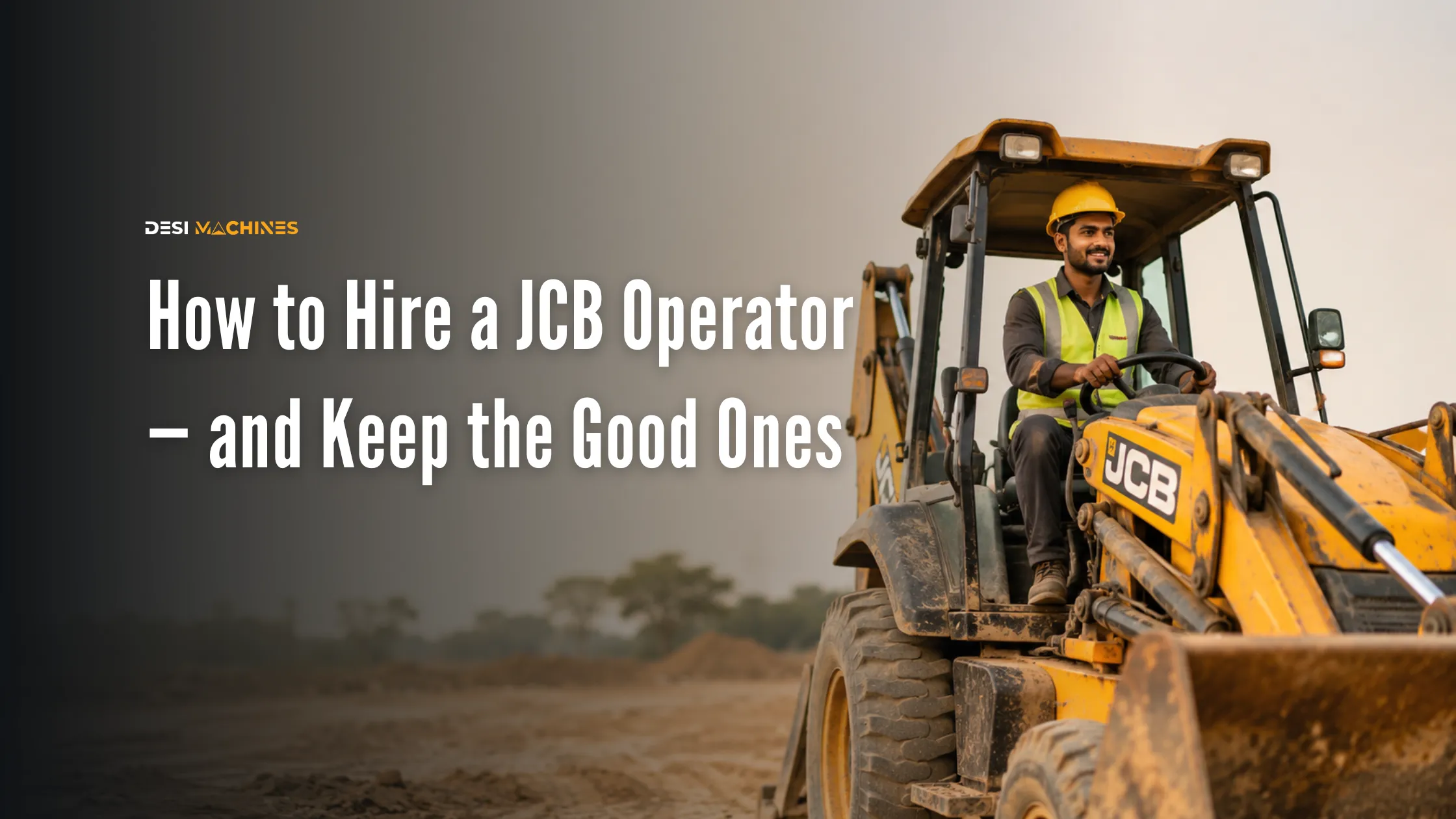 Experienced JCB backhoe loader operator driving a construction machine at an Indian job site.