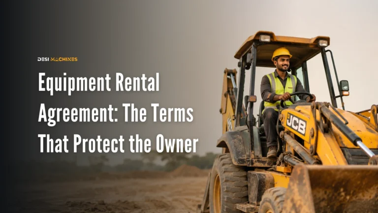 Experienced JCB backhoe loader operator driving a construction machine at an Indian job site.